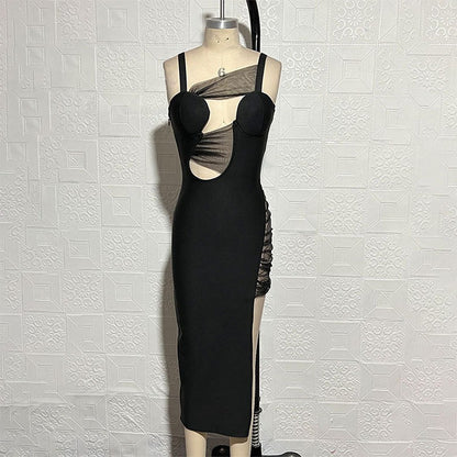 Super Chic Bandage Dress With a Thigh High Slit and Design Details of Mesh Lace Fabric