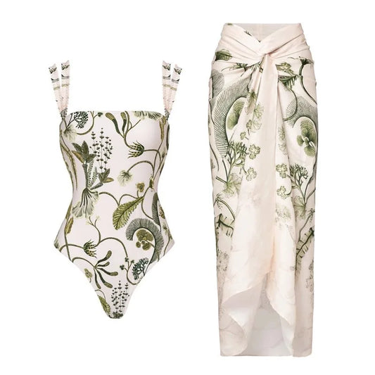 Botanical Garden One-Piece Swimsuit & Sarong Set