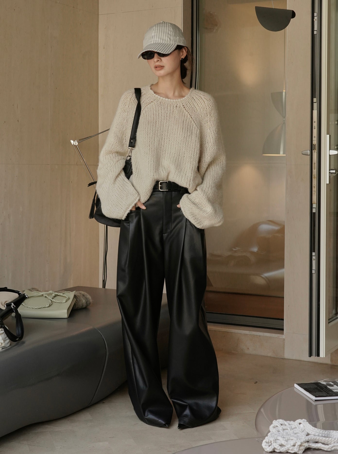 Modern High Waisted Faux Leather Wide Leg Pants