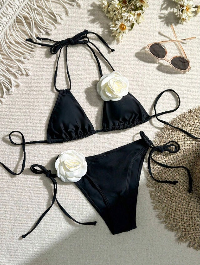 Sexy Black String Bikini with  3D Floral  Designer Detailing