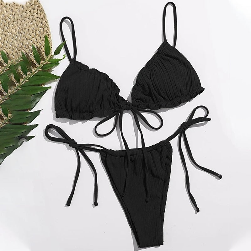 Ribbed Tie-Front Triangle Bikini Set-Multiple Colors