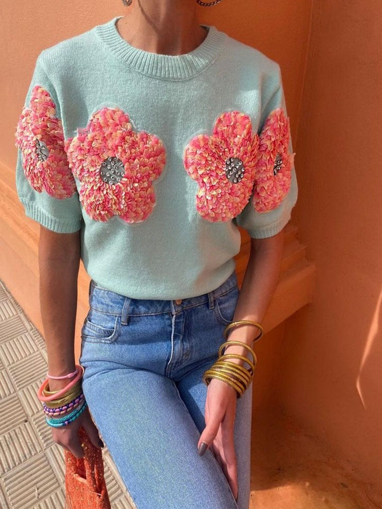 Short-Sleeved Sweater With Sweet Pink Flower Design