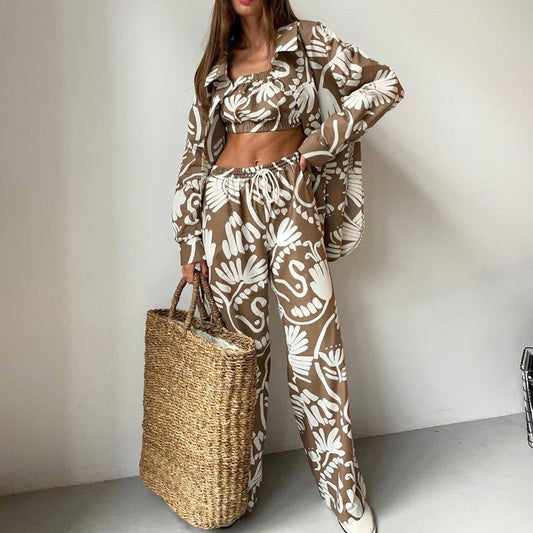 Floral Print Crop Top, Button-Up Shirt & Wide-Leg Pant Three-Piece Set