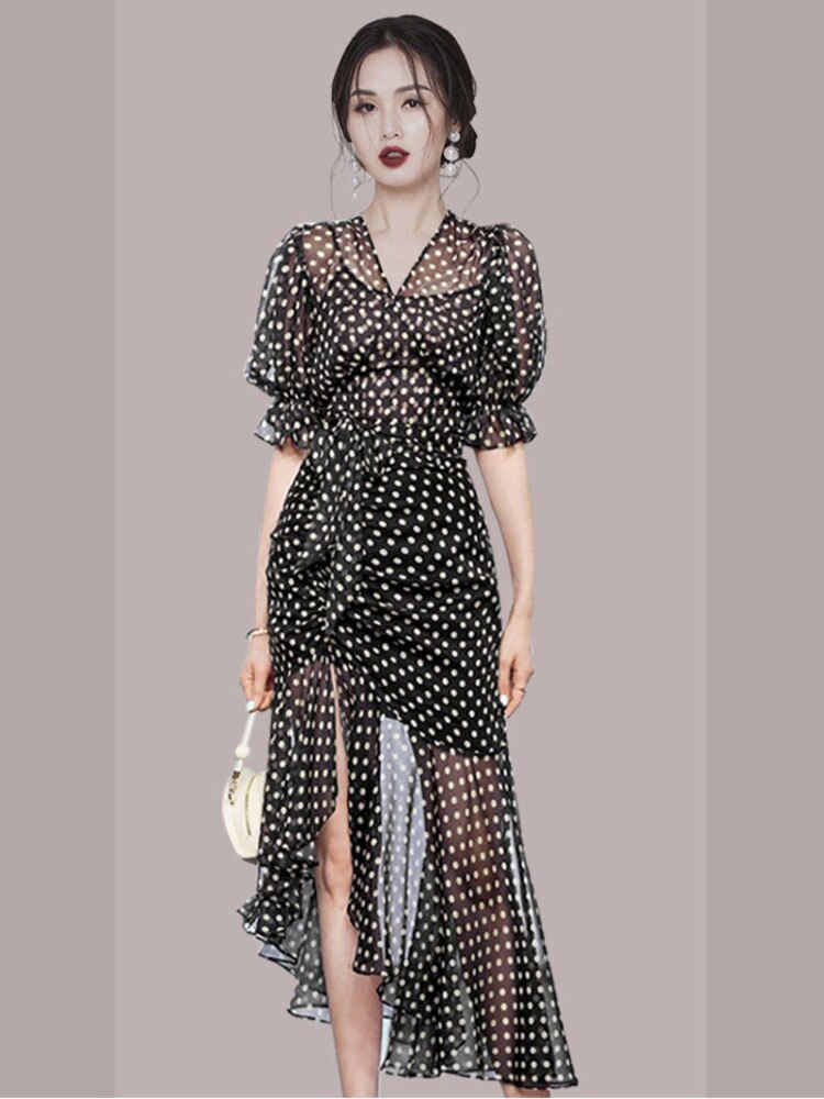 Elegant Chiffon Polka Dot  Dress With V Collar and  Lantern Sleeves