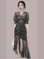 Elegant Chiffon Polka Dot  Dress With V Collar and  Lantern Sleeves