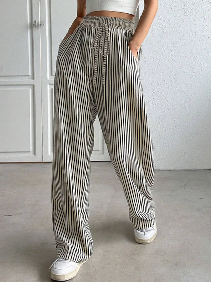 Striped Drawstring Wide-Leg Lounge Pants – Vertical Blue, Tan, & Black Stripe