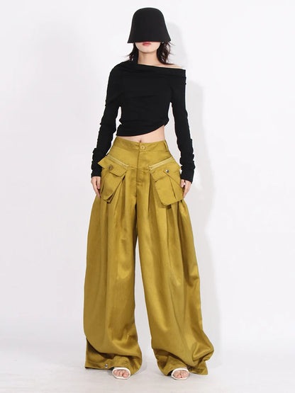 Stylish Floor Length Wide Legged High Waisted Loose Pants With Hanging Pockets