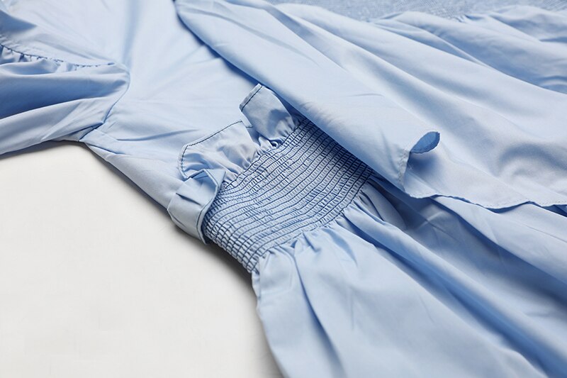 Sky-Blue Smocked Ruffle Asymmetrical Poplin Blouse