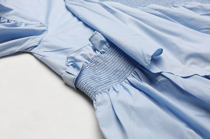 Sky-Blue Smocked Ruffle Asymmetrical Poplin Blouse