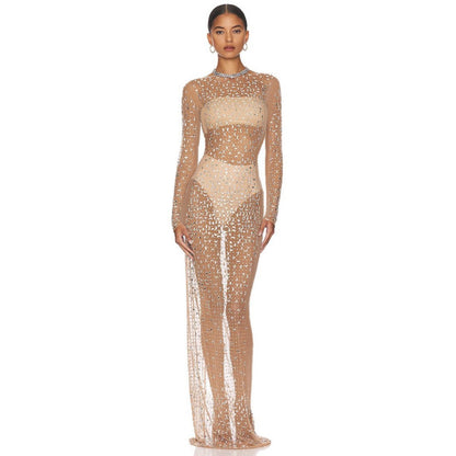 Fashionable Diamond Adorned Long Sleeved Net Dress