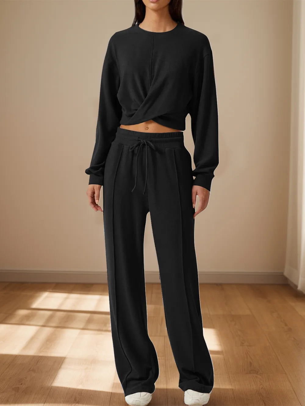 Twist-Front Pastel Knit Lounge Set – Cozy Crewneck Sweater & Drawstring Wide-Leg Pants