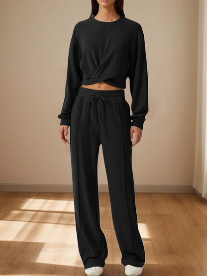 Twist-Front Pastel Knit Lounge Set – Cozy Crewneck Sweater & Drawstring Wide-Leg Pants