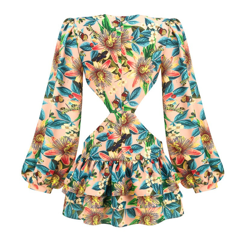 Sexy Women's Floral Deep V-Neck Sleeves Dress with Cutt-offs Designs