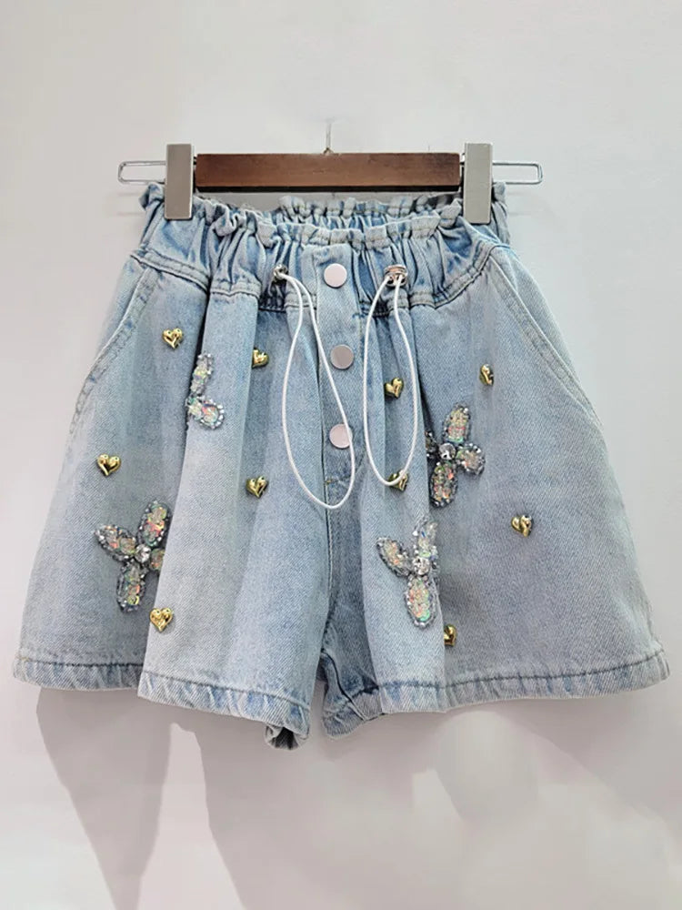 Women's Wide Leg Denim Shorts  Embroidered With Sequins