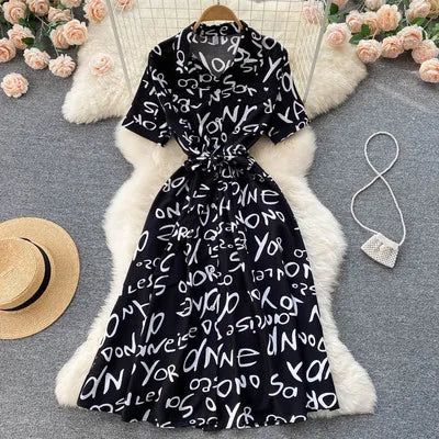 Beautiful Letter Print Single Breasted  Midi Long Dress