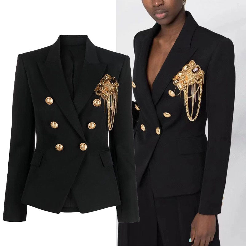 Women's Double Breasted Black  Blazer With Gold Embellishments