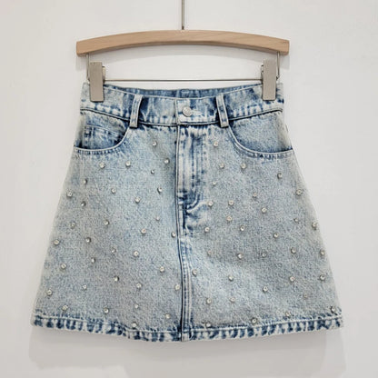 Pearl Studded Denim Jacket & Skirt Set – Vintage Glam Remix