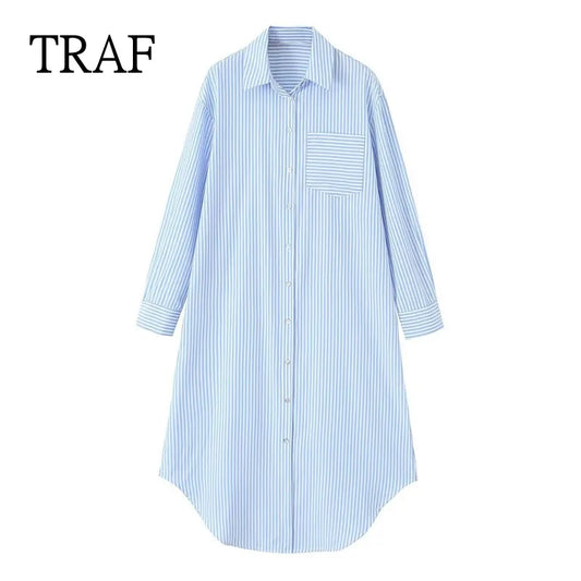Blue Striped Button-Down Shirt Dress