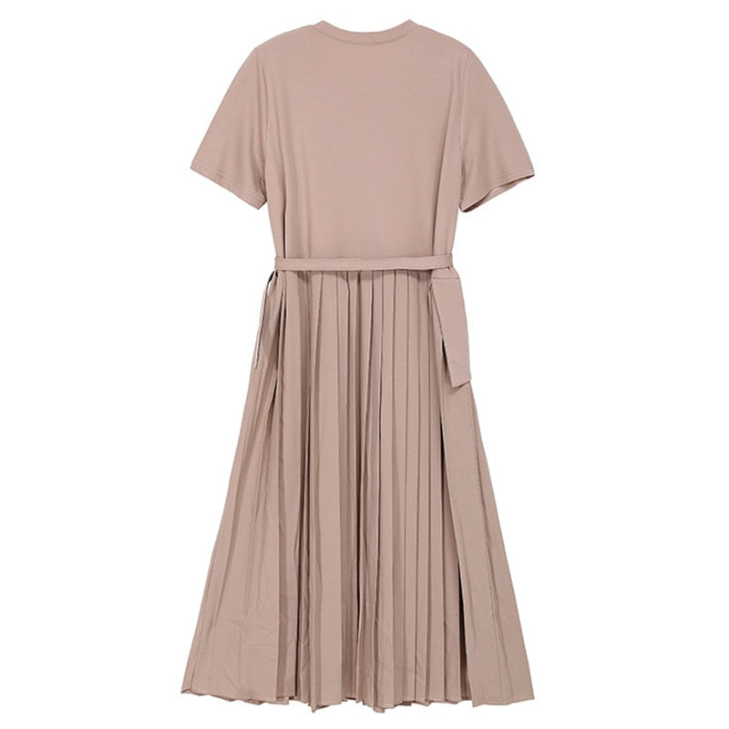 Belted  Apricot and Black Pleated Midi Dresses– Sophisticated, Structured, and Effortlessly Chic