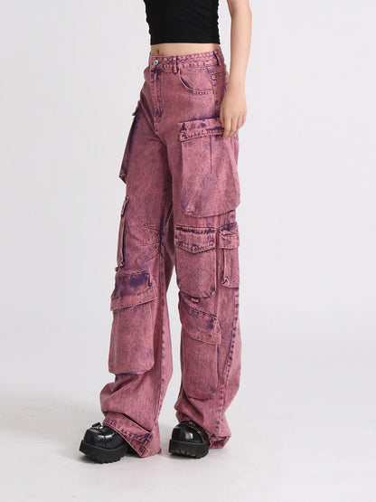 Acid-Wash Pink Utility Cargo Jeans
