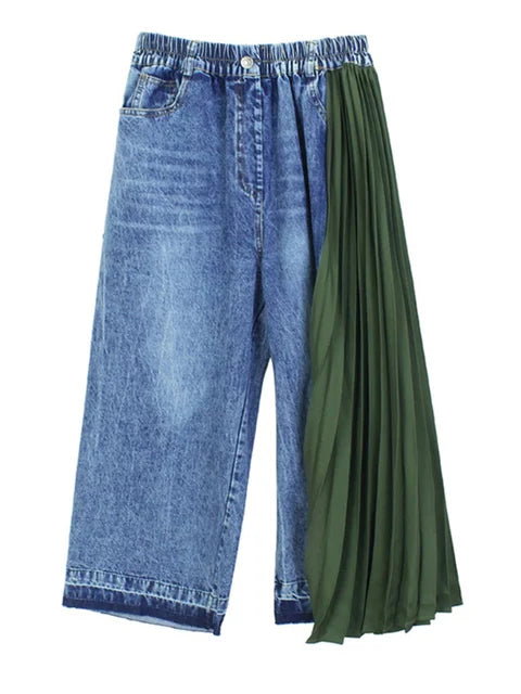 Elastic Waist Denim Pleated Wide Leg Pants