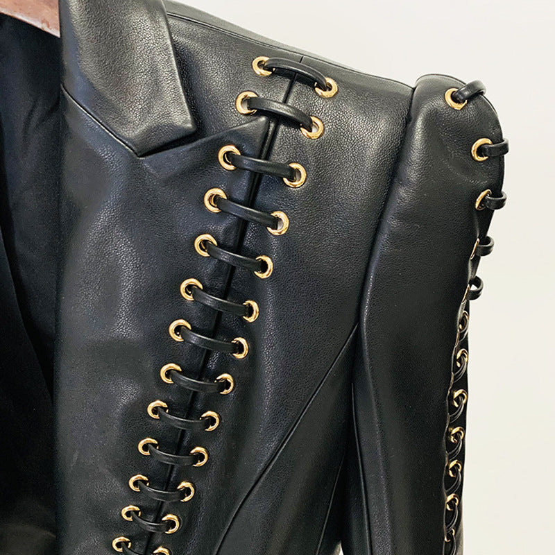 Rock Star Fitted Faux Leather Blazer with Cool Designer Detailing