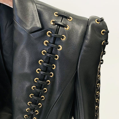 Rock Star Fitted Faux Leather Blazer with Cool Designer Detailing