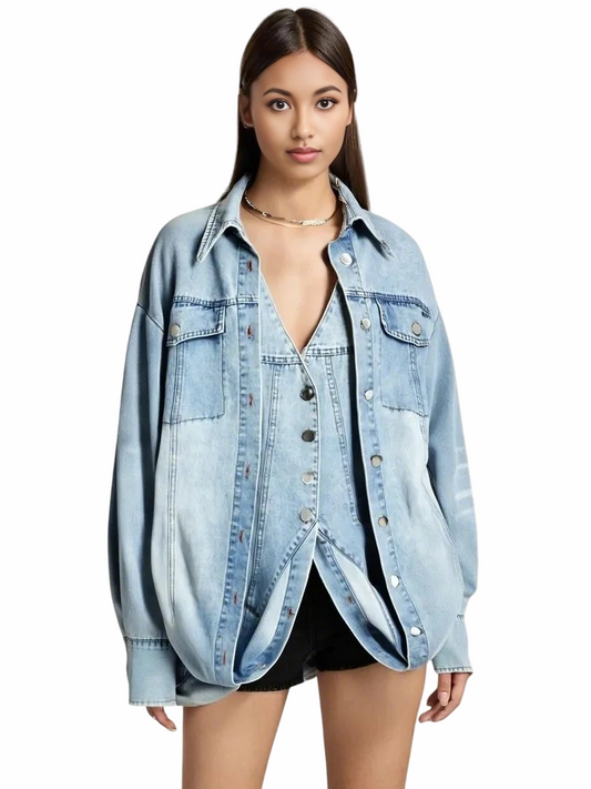 Modular Deconstructed Denim 3-in-1 Set (Oversized Trucker Jacket + Halter Corset Vest + Maxi Skirt)