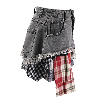 Funky Short High Waisted Denim Skirt with Plaid Patchworks