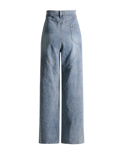 Women's Straight Wide Leg  Denim Pants With Thigh Cut-Outs and  Rhinestone Designer Details