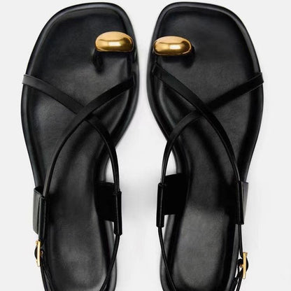 Celeste Metallic-Bead Ankle-Strap Leather Flats