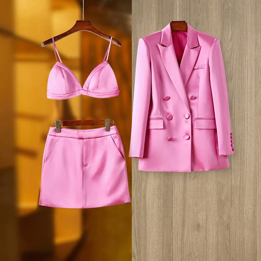 Women's Pink Satin 3-Piece Blazer Set-Stylish Mini Skirt, Bra Top and Stunning Blazer