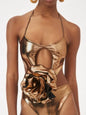Metallic Gold Cut-Out Swimsuit with Oversized Rose Detail