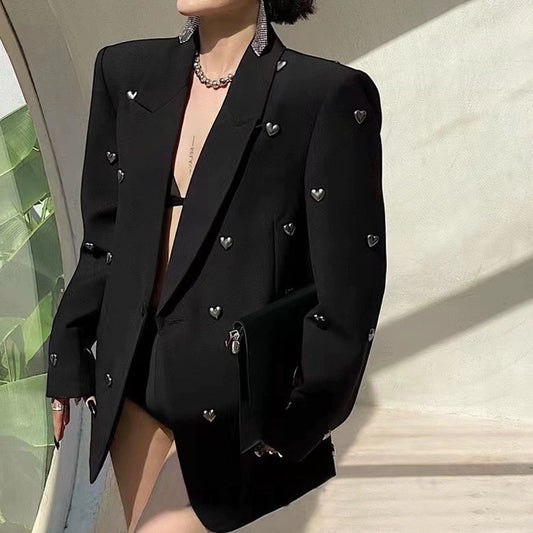 One of a Kind Black Suit Jacket With  3D Heart Shaped Beaded Adornments