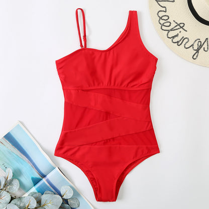 Asymmetrical Mesh Panel One-Piece Swimsuit