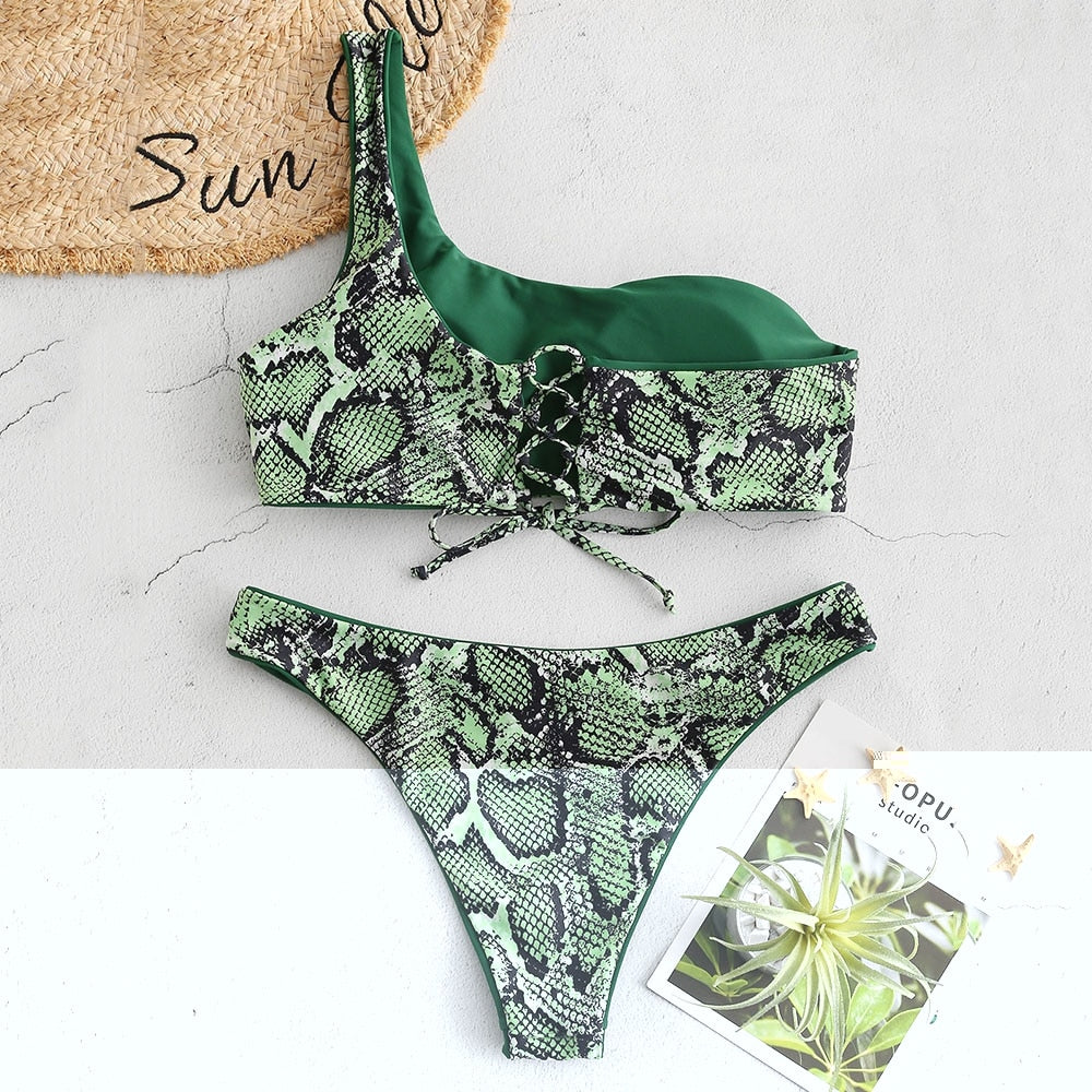 Reversible One-Shoulder Snake Print Bikini Set