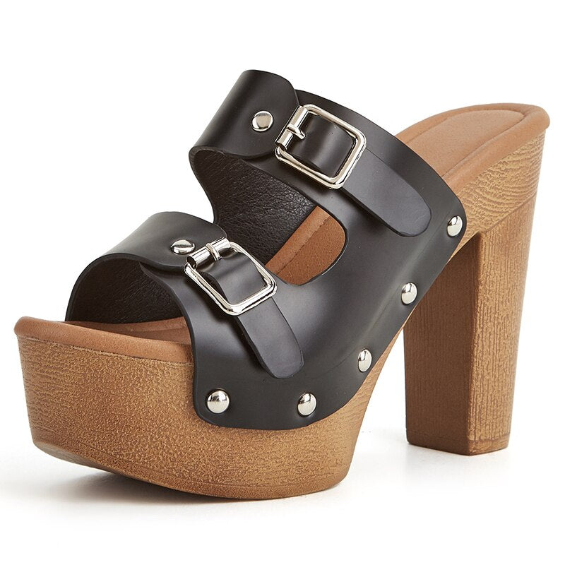 Chunky Buckle Platform Heels – Retro Wood Grain Block Sandals