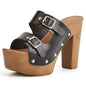 Chunky Buckle Platform Heels – Retro Wood Grain Block Sandals