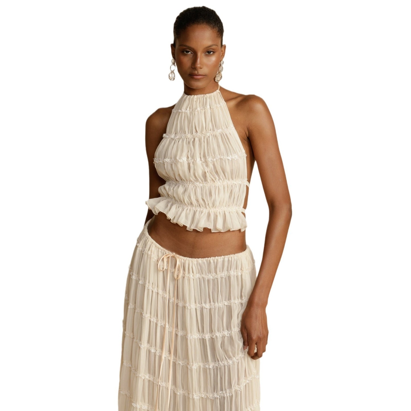 Off White Backless Chiffon Halter Crop Top, Paired With Long Chiffon Pleated Skirt, Two-piece Set