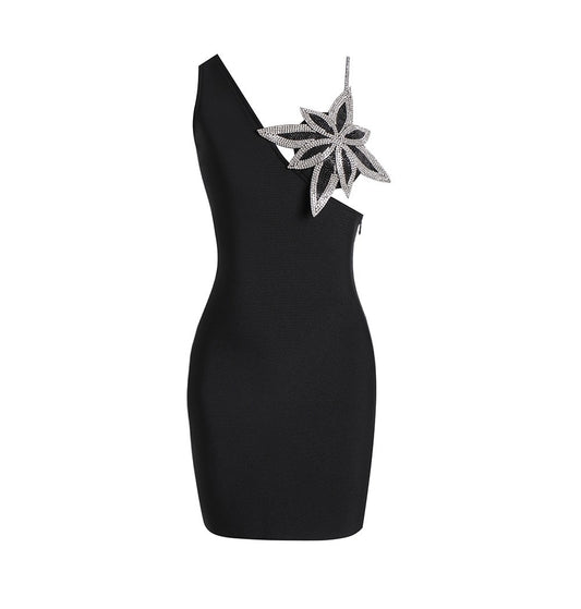 Chic One Shoulder Slim Fitting  Mini Dress with a Diamond Sunflower Design