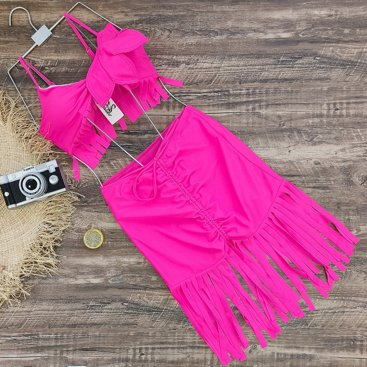 Wild Fiesta Fringe Bikini & Skirt Set – Hot Pink 3-Piece