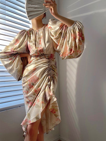 Vintage Print  Round Neck Lantern Sleeve  Ruched Midi Dress