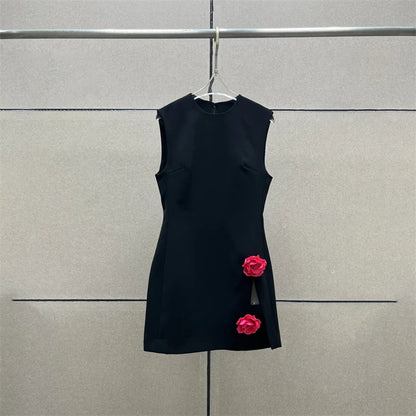 Women's Round Neck Sleeveless Mini Dress With Side Slit and 3D Flower Design Details