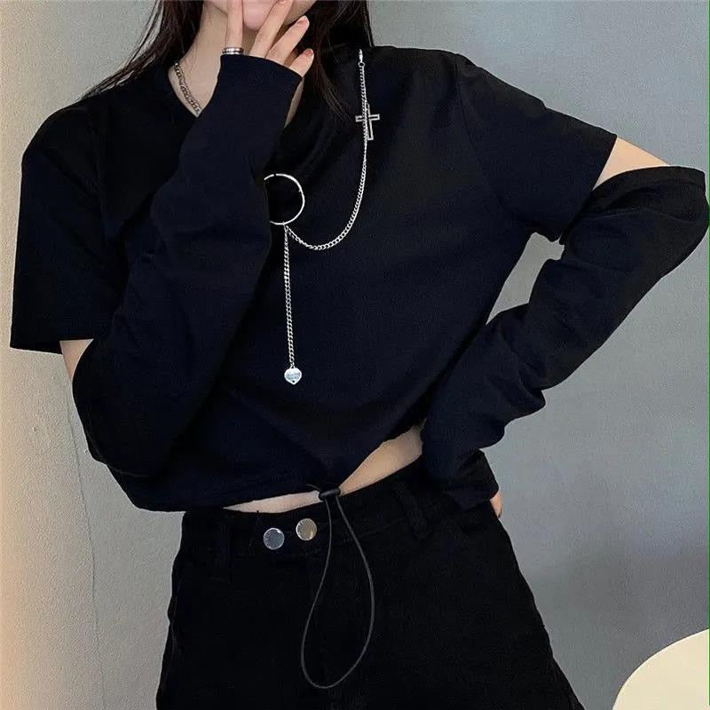 Women's Harajuku Cargo Pants and Long Sleeves Cropped Top with Cool Chains Details