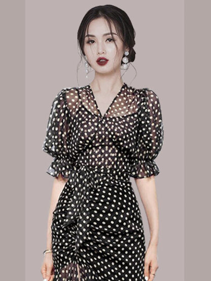 Elegant Chiffon Polka Dot  Dress With V Collar and  Lantern Sleeves