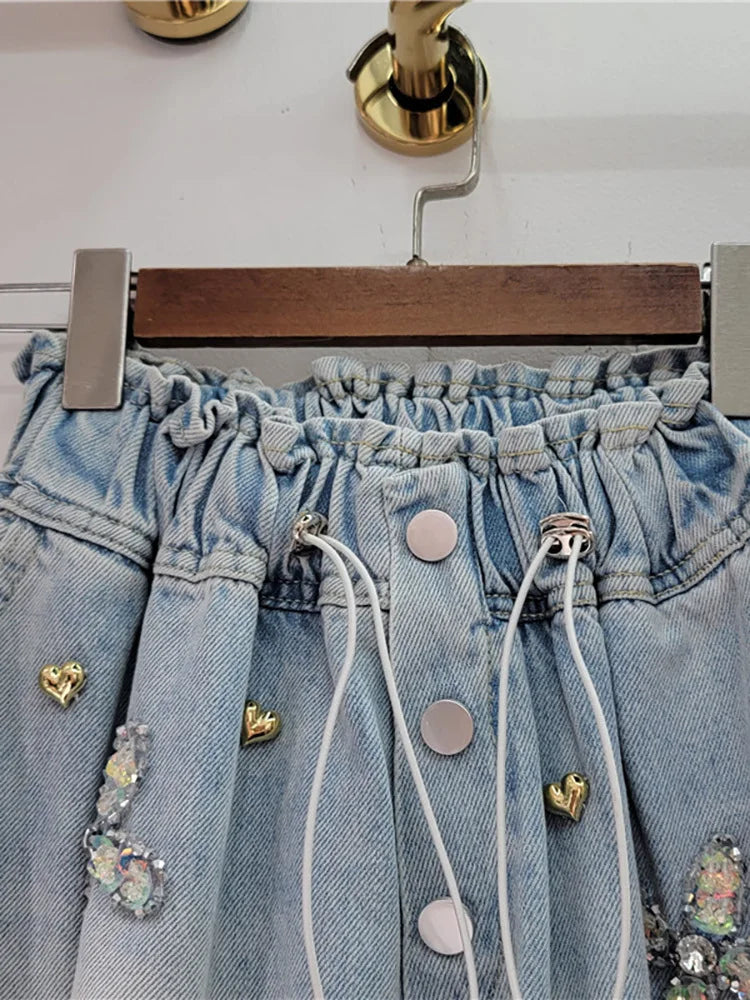 Women's Wide Leg Denim Shorts  Embroidered With Sequins