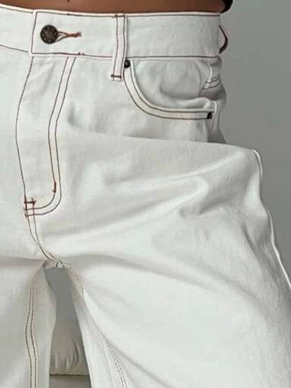 Cobalt-Stitch White  and Blue Wide-Leg Raw-Hem Jeans