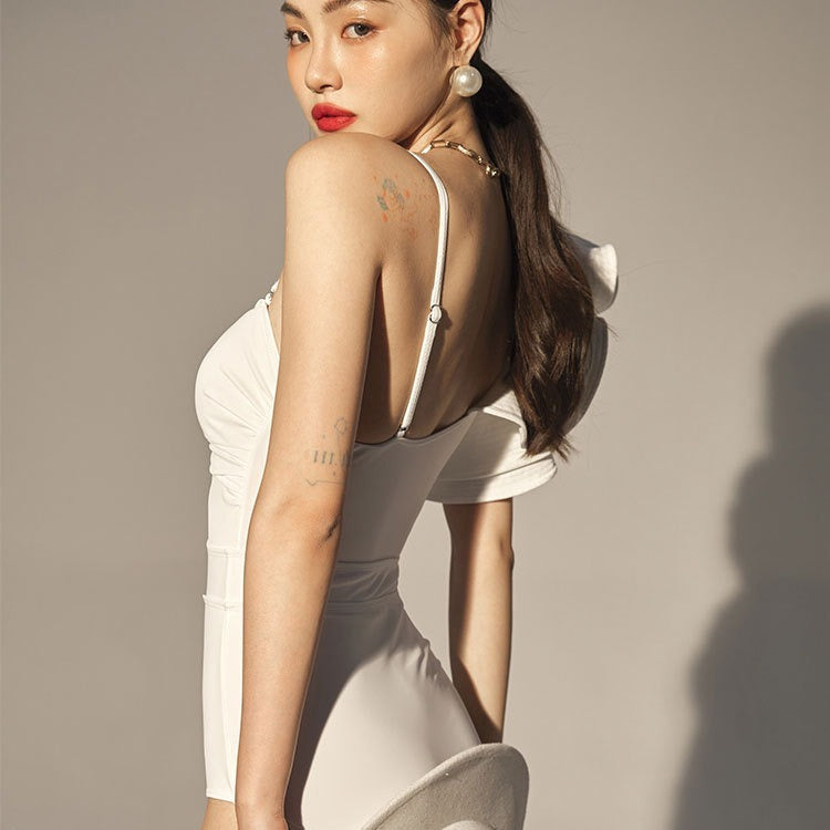 Stylish One Piece Swimsuit with a Large Lotus Leaf Sleeve