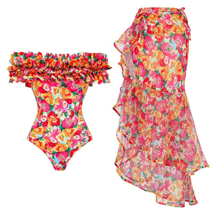 Retro Style Floral One-piece  Swimsuit and Matching Skirt