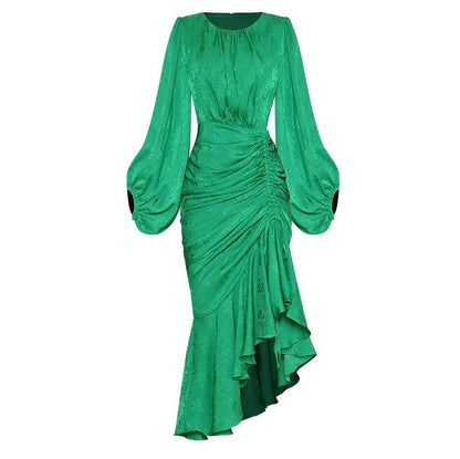 Stunning Green Dress with a Round Neck, Lantern Sleeves, and Long  Fishtail Skirt